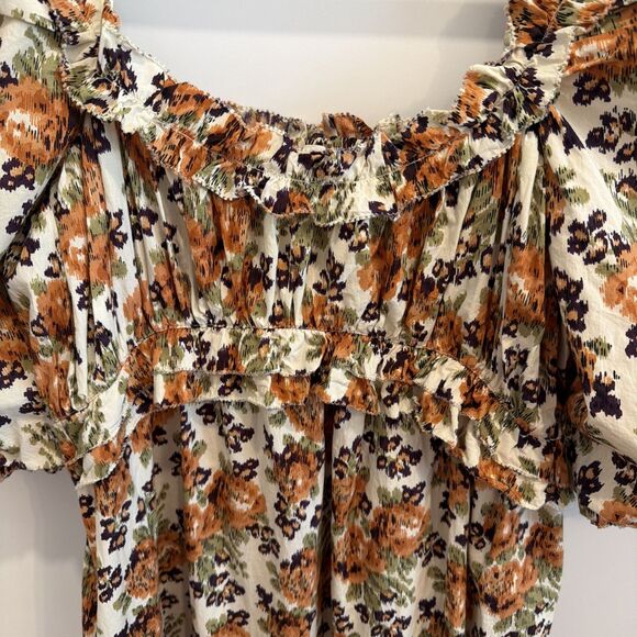 Anthropologie Love The Label Sz M Floral Puff Slv Maxi Dress Earthy Boho Roses - Picture 5 of 16